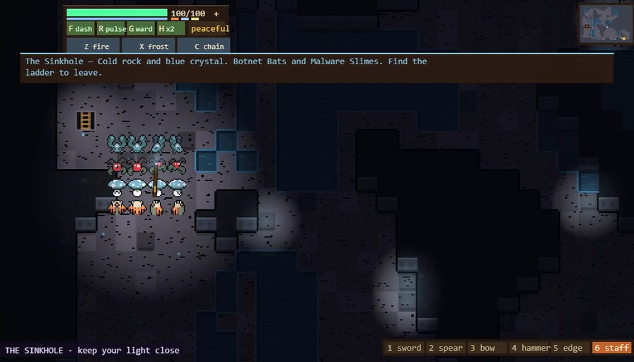 Red Cell: inside the Sinkhole cave with the wizard staff drawn, a ladder out and bat/slime enemies ahead in the dark, torch-lit