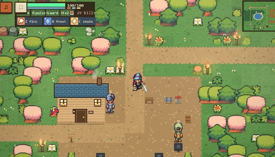 Red Cell: the character stands with a sword drawn outside the cabin under cherry blossom trees, a range staffer nearby, the spell HUD and minimap visible